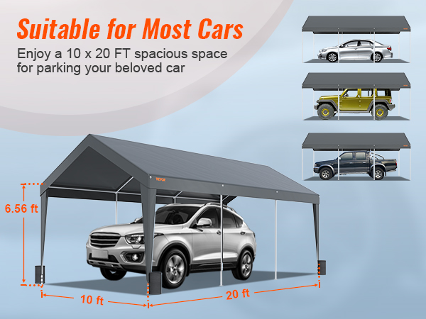 VEVOR carport with grey canopy, 10 x 20 ft size, suitable for various car models; durable and spacious.
