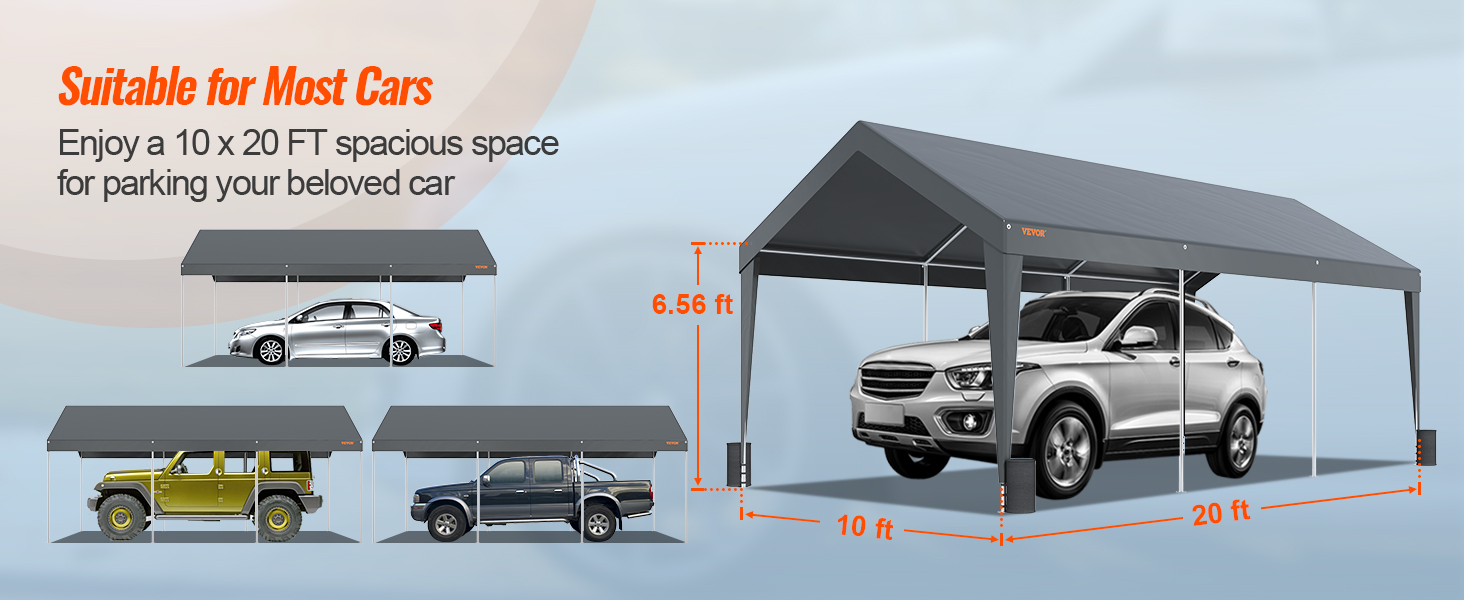 VEVOR carport with grey canopy, 10 x 20 ft size, suitable for various car models; durable and spacious.