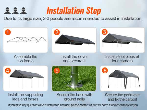 VEVOR carport installation steps with images and instructions for assembling and securing the carport.
