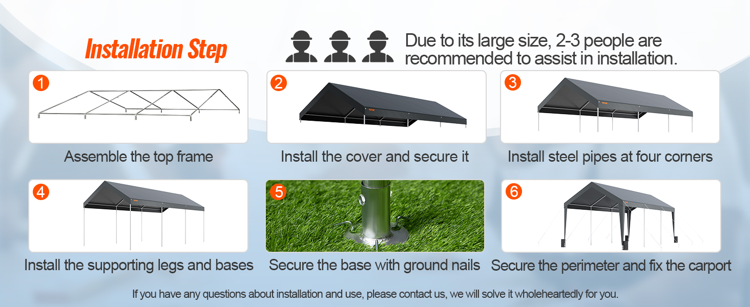 VEVOR carport installation steps with images and instructions for assembling and securing the carport.