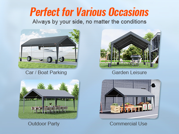VEVOR carport for car and boat parking, garden leisure, outdoor parties, and commercial use.