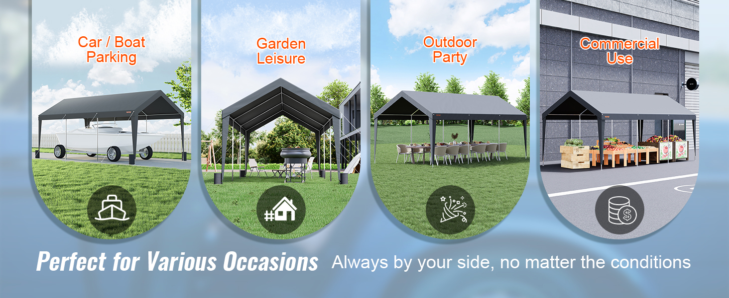 VEVOR carport for car and boat parking, garden leisure, outdoor parties, and commercial use.