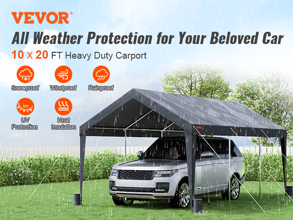 VEVOR carport 10x20 ft providing all-weather protection for cars, showcasing rain, uv, and wind resistance.