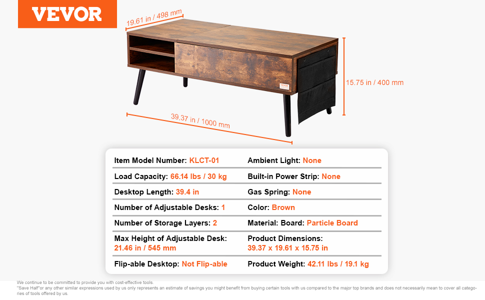 VEVOR lift top coffee table in brown with dimensions and specifications detailing features and materials.