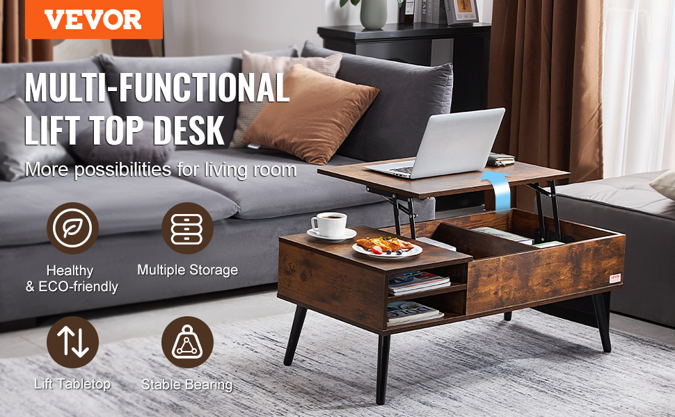 VEVOR lift top coffee table in the living room with multiple storage, laptop, snacks, and a cup.