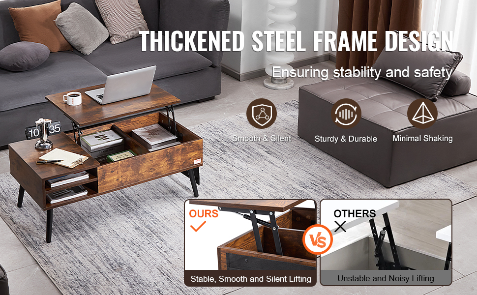 VEVOR lift top coffee table with thickened steel frame design, ensuring stability, smooth and silent lifting.