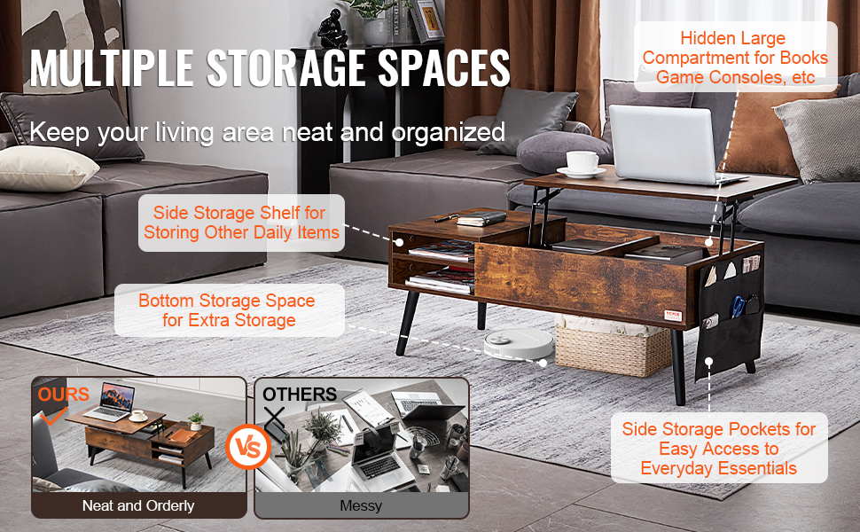 VEVOR lift top coffee table with multiple storage spaces and neat, organized living area.