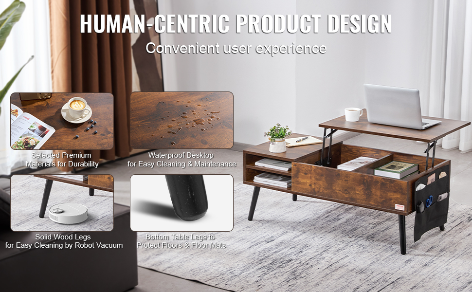 VEVOR lift top coffee table with storage, waterproof desktop, premium wood legs, and bottom protectors.