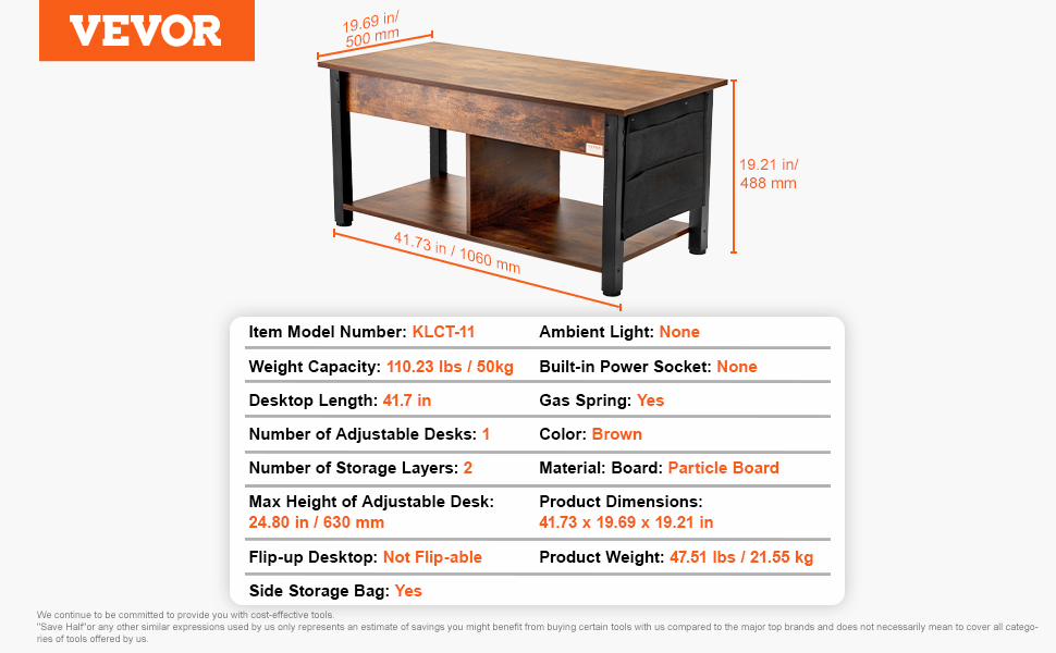 VEVOR lift top coffee table with storage layers, adjustable desk, and a brown particle board finish.