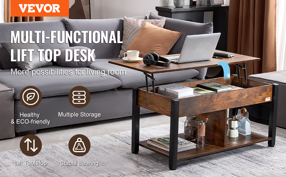 VEVOR lift top coffee table in living room with storage shelves, laptop, and decor items on wooden surface.