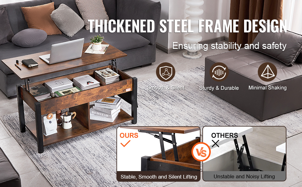 VEVOR lift top coffee table in a living room with storage shelves and steel frame design for stability.