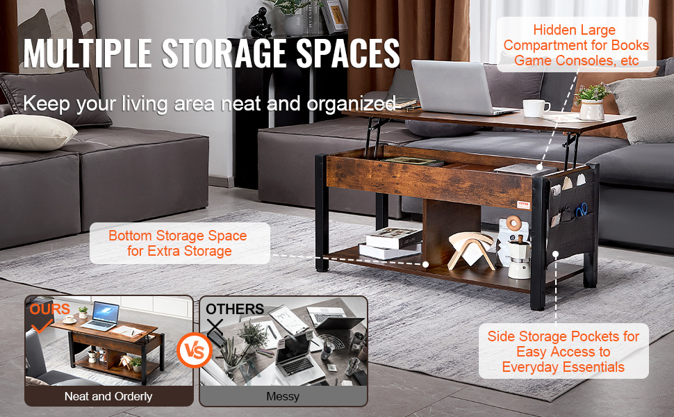 VEVOR lift top coffee table with multiple storage spaces and side pockets in a neat living area setup.