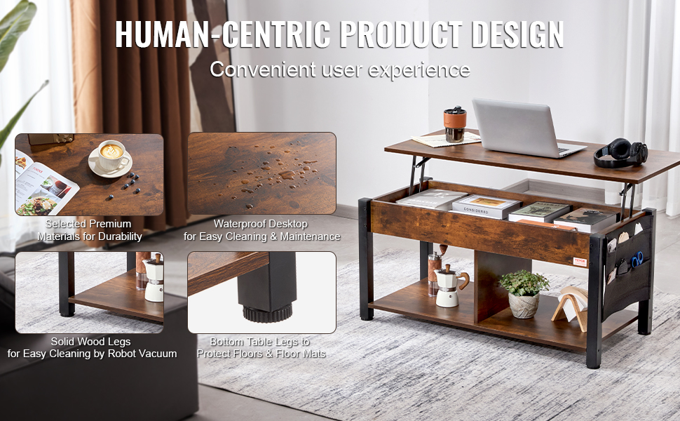 VEVOR lift top coffee table with waterproof desktop, solid wood legs, and convenient storage.