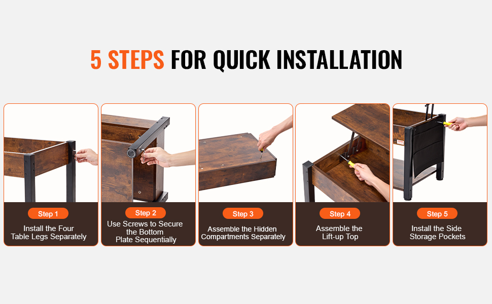 5 steps to install VEVOR lift top coffee table: attach legs, secure bottom plate, assemble compartments, lift-up top, add side pockets.