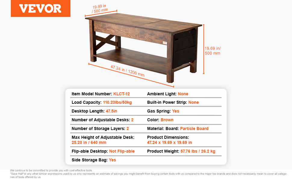 VEVOR lift top coffee table, brown, particle board, 47.24 x 19.69 x 19.69 in, 2 adjustable desks, 2 storage layers.