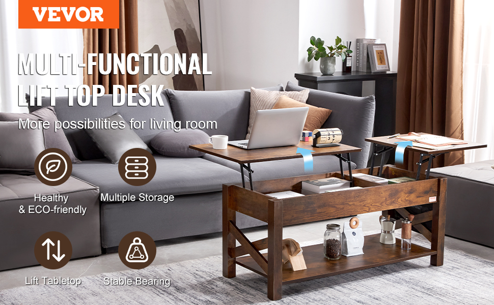 VEVOR lift top coffee table in modern living room, with multiple storage options and lift tabletop.