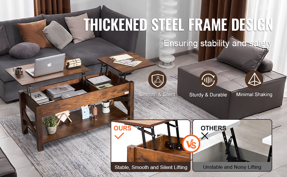 thickened steel frame VEVOR lift top coffee table in modern living room, showcasing stability and storage.