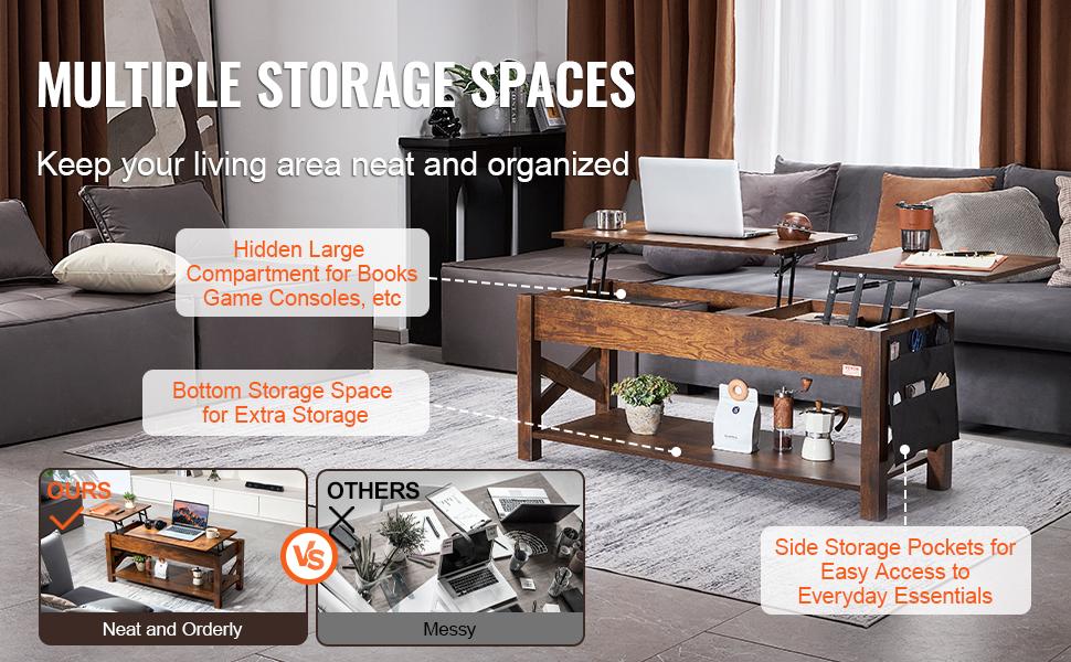 VEVOR lift top coffee table with multiple storage spaces, hidden compartments, and side pockets in a living room.