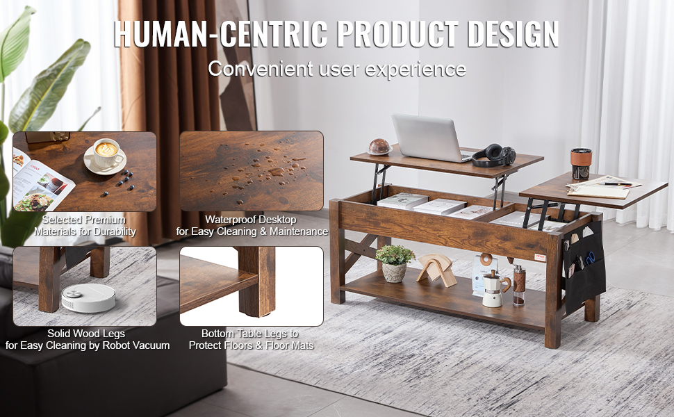 VEVOR lift top coffee table with durable wood legs, waterproof desktop, and ample storage space.