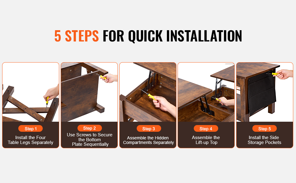 5-step installation process for the VEVOR lift top coffee table with images showing each assembly stage.