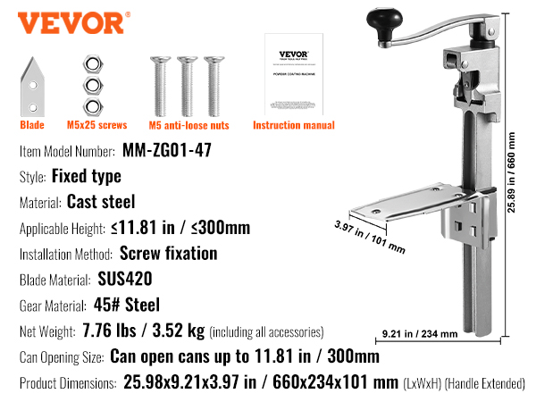 VEVOR manual can opener, cast steel, fixed type, blade, screws, nuts, instruction manual, dimensions.