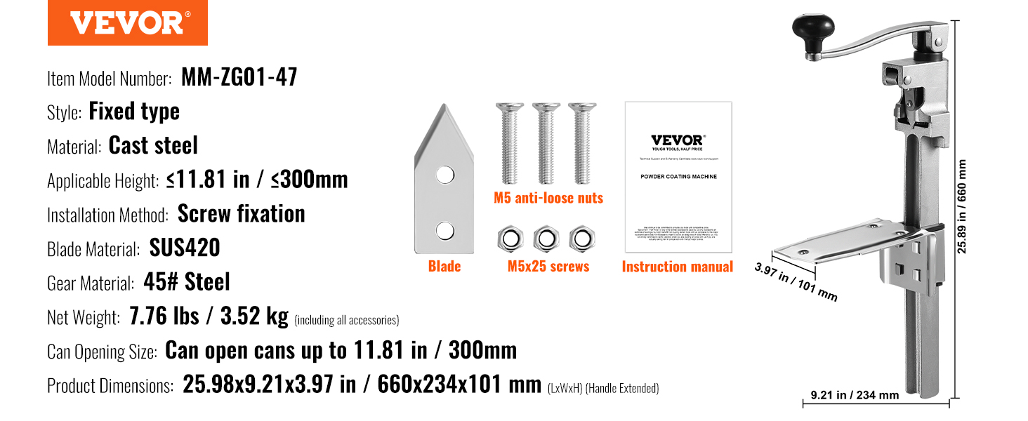 VEVOR manual can opener, cast steel, fixed type, blade, screws, nuts, instruction manual, dimensions.
