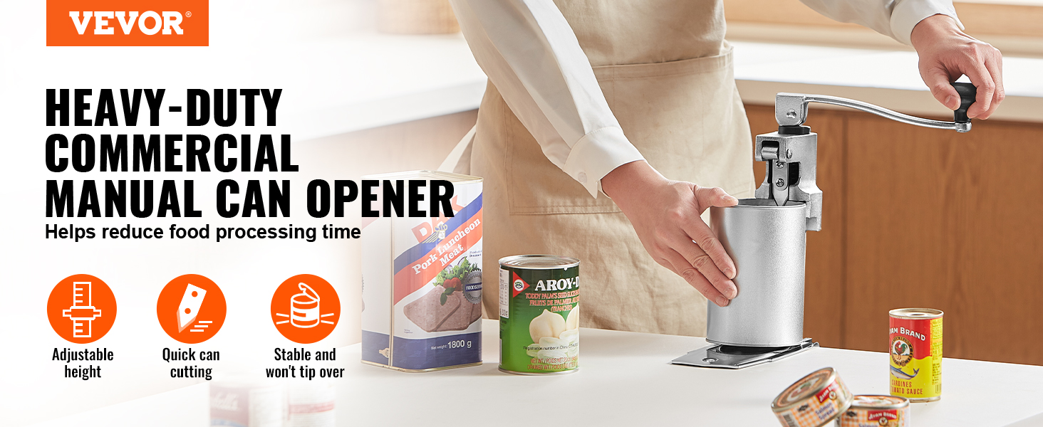 VEVOR manual can opener, heavy-duty commercial use, adjustable height, quick cutting, stable base