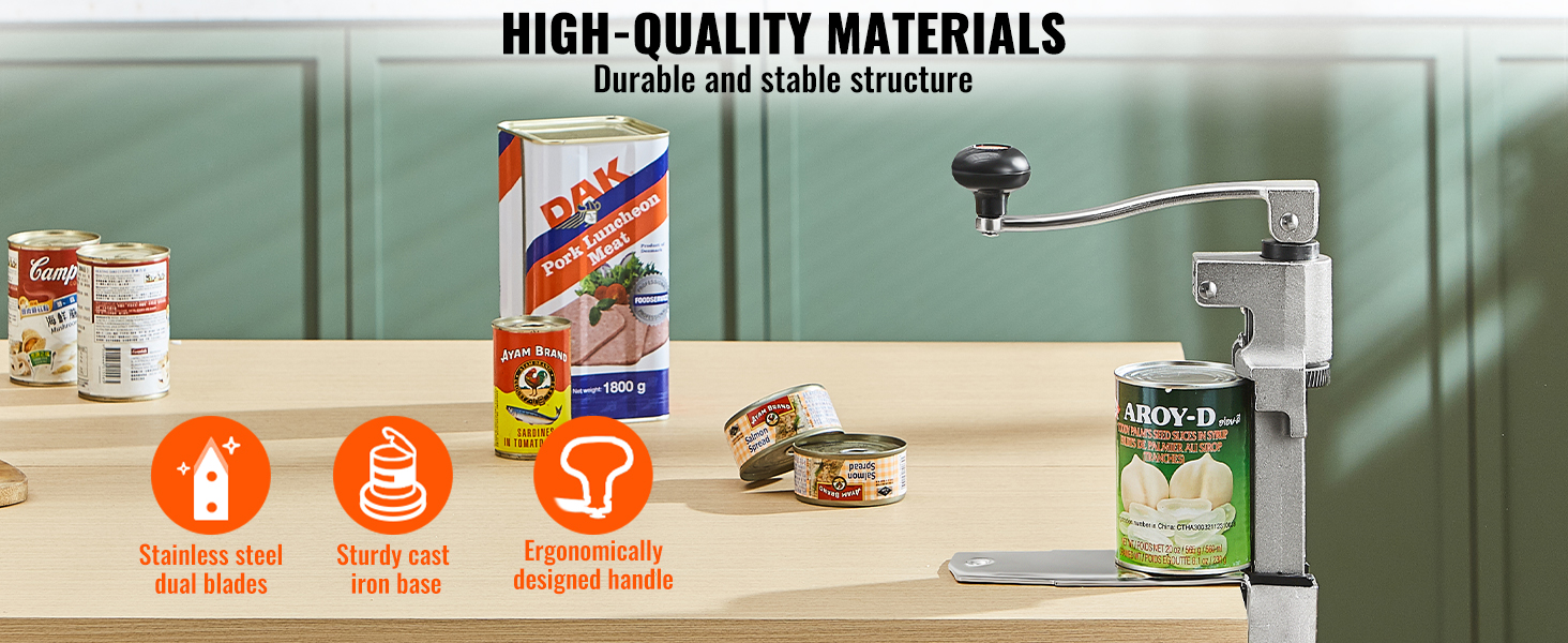 VEVOR manual can opener with stainless steel dual blades, cast iron base, and ergonomic handle.