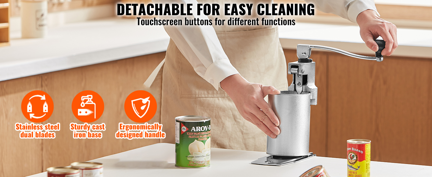 VEVOR manual can opener with detachable design, stainless steel dual blades, and ergonomic handle.