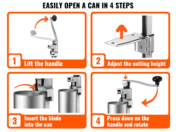 easily open a can in 4 steps with the VEVOR manual can opener: lift, adjust, insert, rotate.
