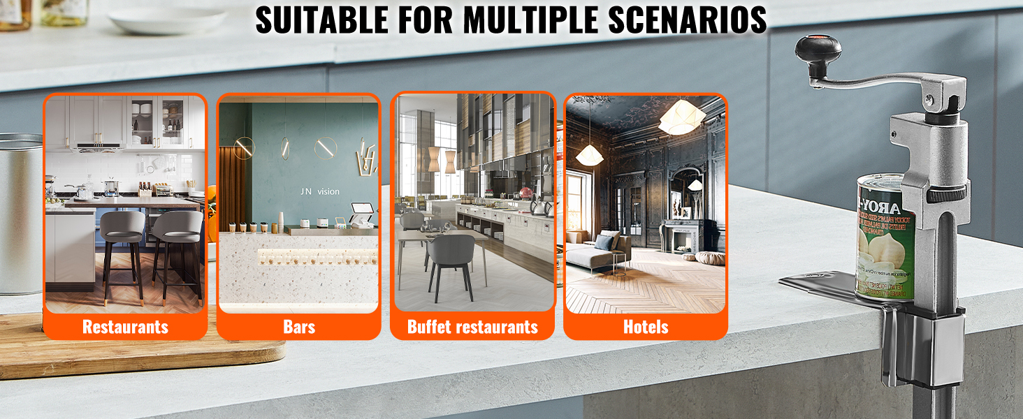 VEVOR commercial can opener in kitchens, bars, buffet restaurants, and hotels, catering to diverse needs.
