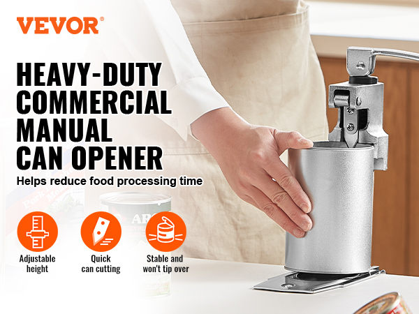 VEVOR manual can opener in use, ideal for heavy-duty commercial kitchens. adjustable height, quick cutting.