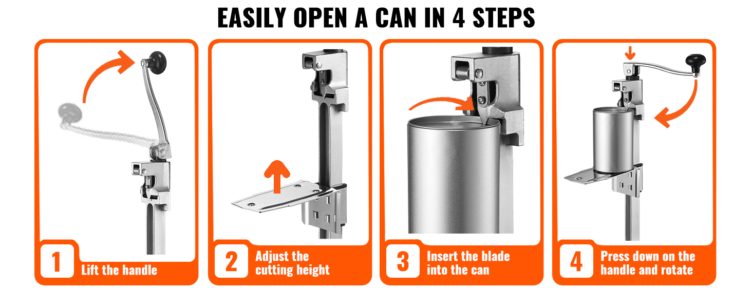 easily open a can with the VEVOR manual can opener in 4 steps: lift handle, adjust height, insert blade, rotate handle.