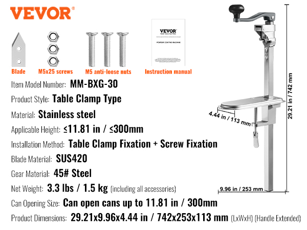 VEVOR commercial can opener with table clamp, stainless steel, 11.81 in height, 3.3 lbs weight.