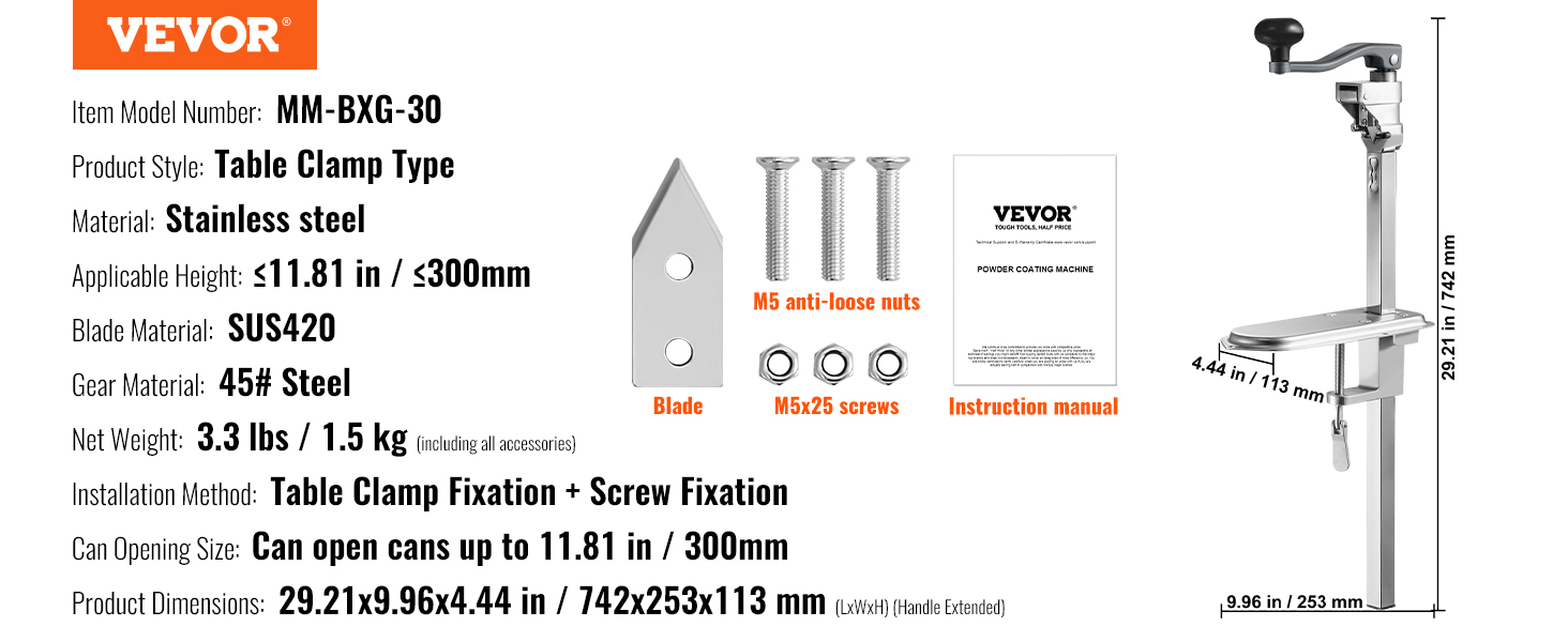 VEVOR commercial can opener with table clamp, stainless steel, 11.81 in height, 3.3 lbs weight.