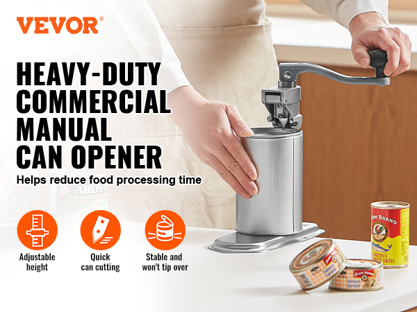 VEVOR commercial can opener, heavy-duty manual with adjustable height, quick can cutting, and stability.
