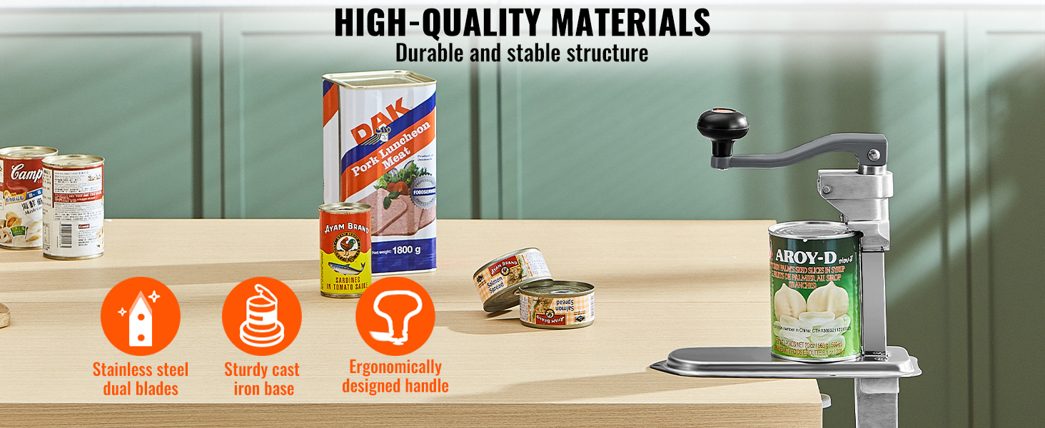 VEVOR commercial can opener on counter with various canned foods, highlighting its durable materials.
