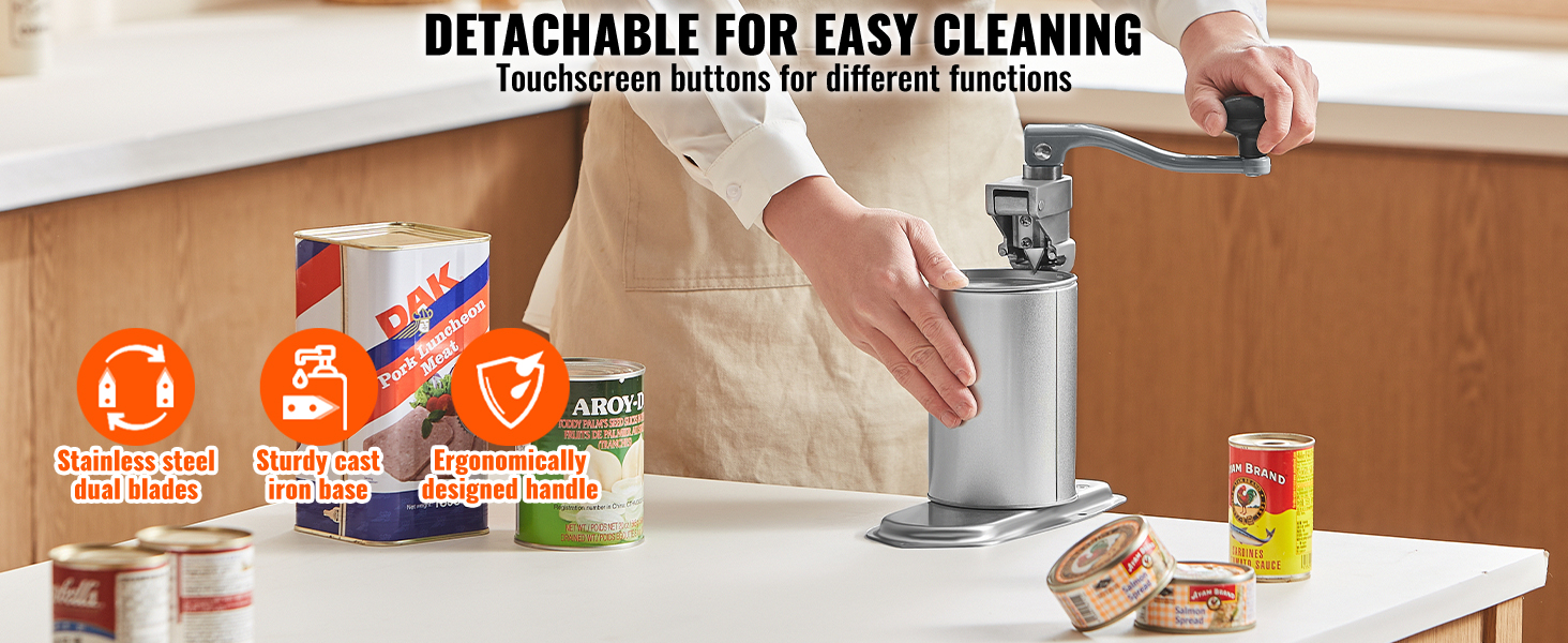 VEVOR commercial can opener with stainless steel dual blades and a sturdy cast iron base.