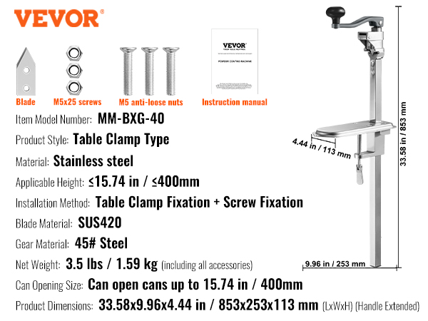 VEVOR commercial can opener: stainless steel, table clamp type, can open cans up to 15.74 inches.