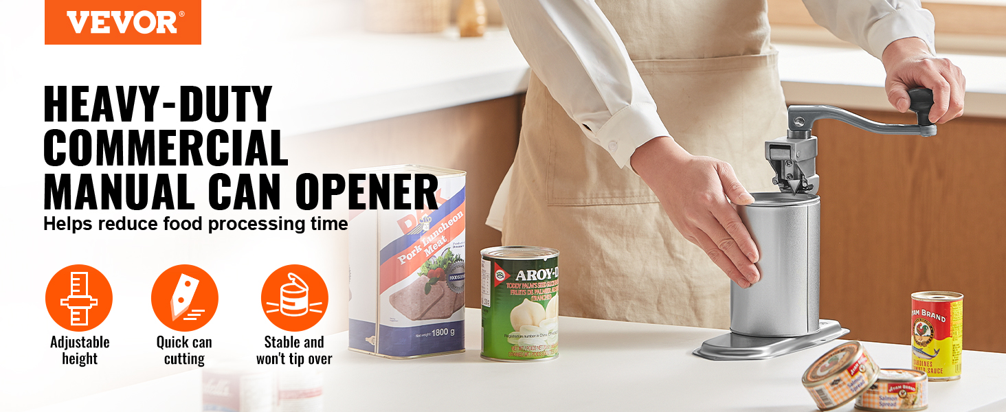 VEVOR commercial can opener cutting a can in a kitchen setting with several canned goods nearby.