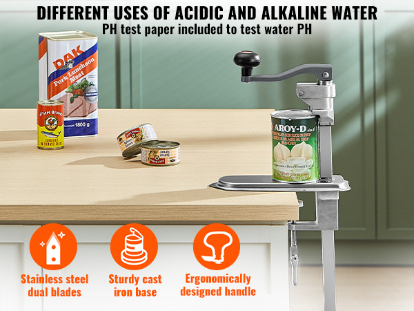 VEVOR commercial can opener with stainless steel blades, cast iron base, and ergonomic handle beside cans.