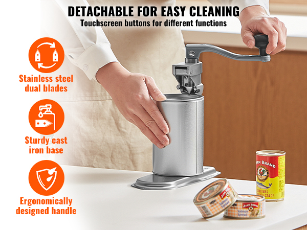 VEVOR commercial can opener, detachable for easy cleaning, stainless steel dual blades, cast iron base.