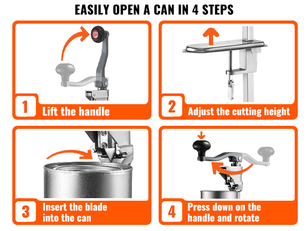 VEVOR commercial can opener: 4-step guide to easily open cans - lift handle, adjust height, insert blade, rotate.