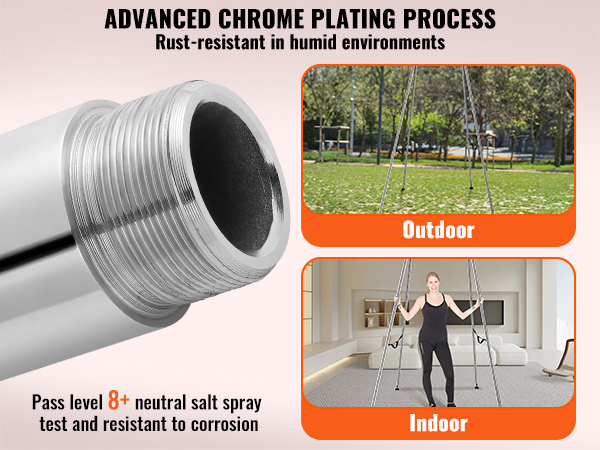 VEVOR aerial yoga frame with advanced chrome plating, shown outdoors and indoors, rust-resistant.