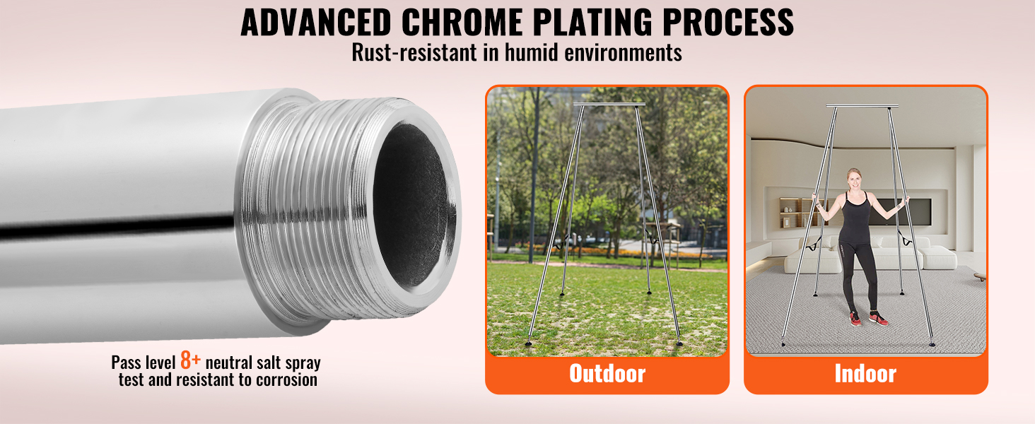 VEVOR aerial yoga frame with advanced chrome plating, shown outdoors and indoors, rust-resistant.