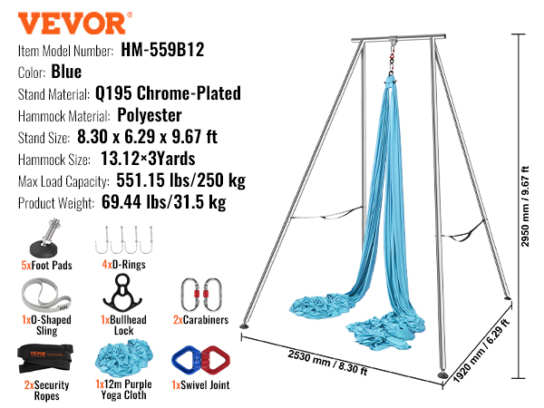 VEVOR aerial yoga frame - blue, polyester hammock, chrome-plated stand, 8.30 x 6.29 x 9.67 ft.