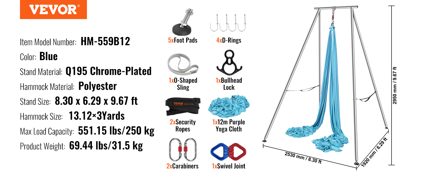 VEVOR aerial yoga frame - blue, polyester hammock, chrome-plated stand, 8.30 x 6.29 x 9.67 ft.
