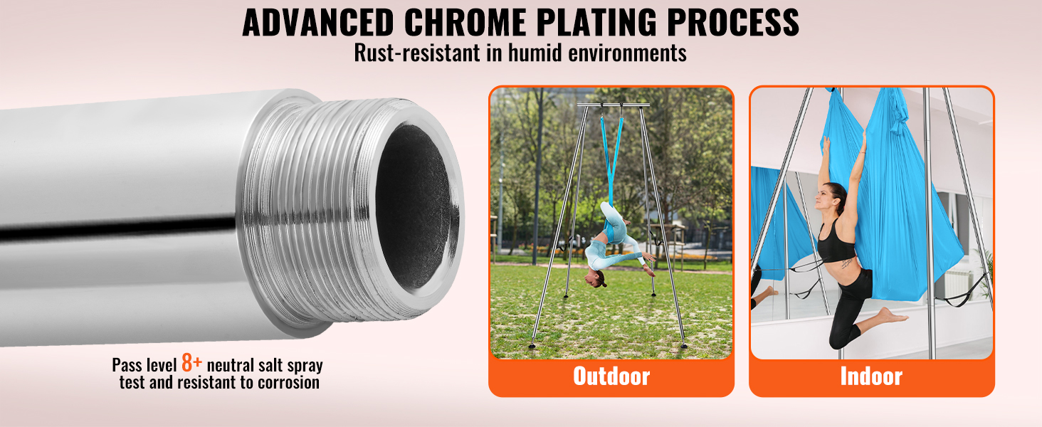VEVOR aerial yoga frame: rust-resistant chrome plating for indoor and outdoor use.