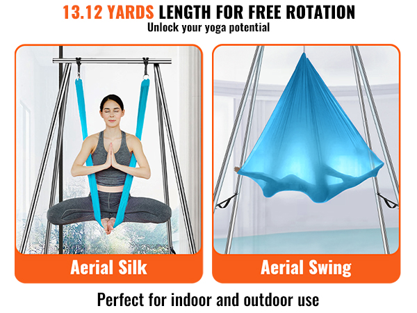 VEVOR aerial yoga frame with blue aerial silk and aerial swing, ideal for indoor and outdoor use.