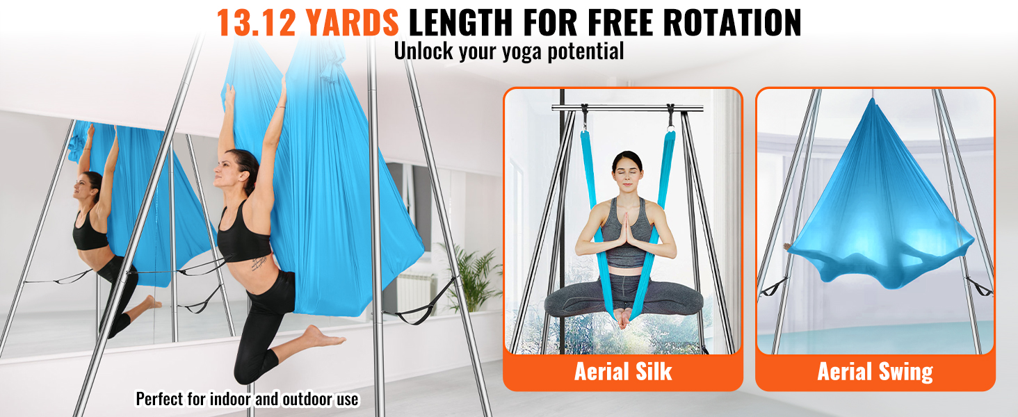 VEVOR aerial yoga frame with blue aerial silk and aerial swing, ideal for indoor and outdoor use.
